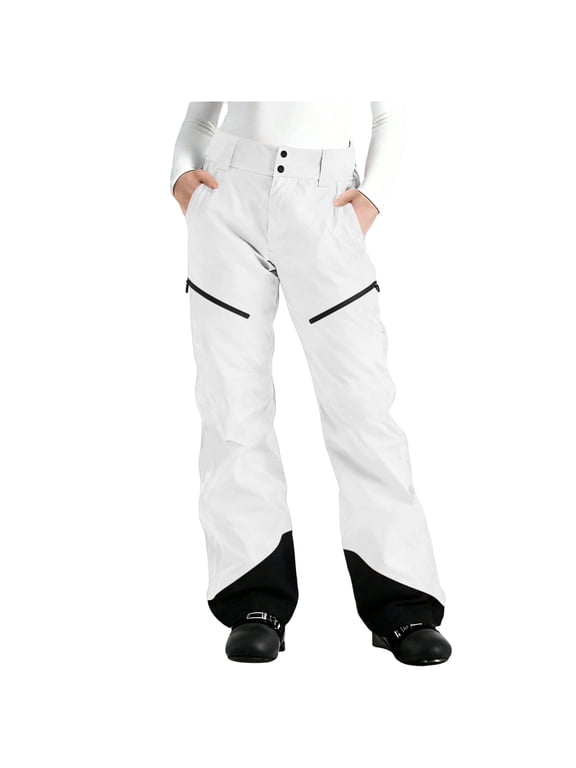 Womens Snow Ski Pants Color Block Fleece Lined Waterproof Thermal Warm Trousers for Winter Snowboard Pant White 3XL