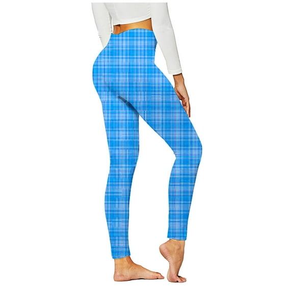 QQAMB Womens Stretch Yoga Leggings Plaid Printed Fitness Running Gym Sports Full Length Active Pants Yoga Full Length Pants Blue 2XL