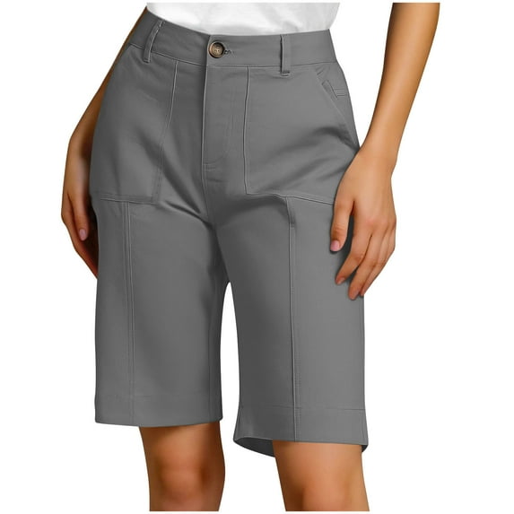 QQAMB Womens Suit Shorts Dressy Elastic Waisted Button Solid Color Straight Leg Work Office Shorts Dark Gray L