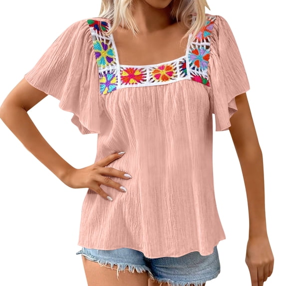 DeHolifer Womens Summer Boho Floral Crochet Ruffle Short Sleeve Shirts Hollow Out Square Neck Tops Dressy Casual Blouse Pink 2XL