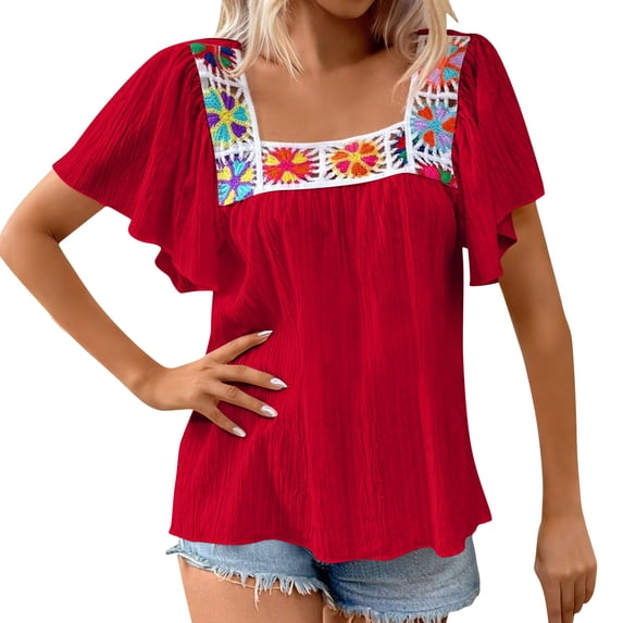 DeHolifer Womens Summer Boho Floral Crochet Ruffle Short Sleeve Shirts Hollow Out Square Neck Tops Dressy Casual Blouse Red M