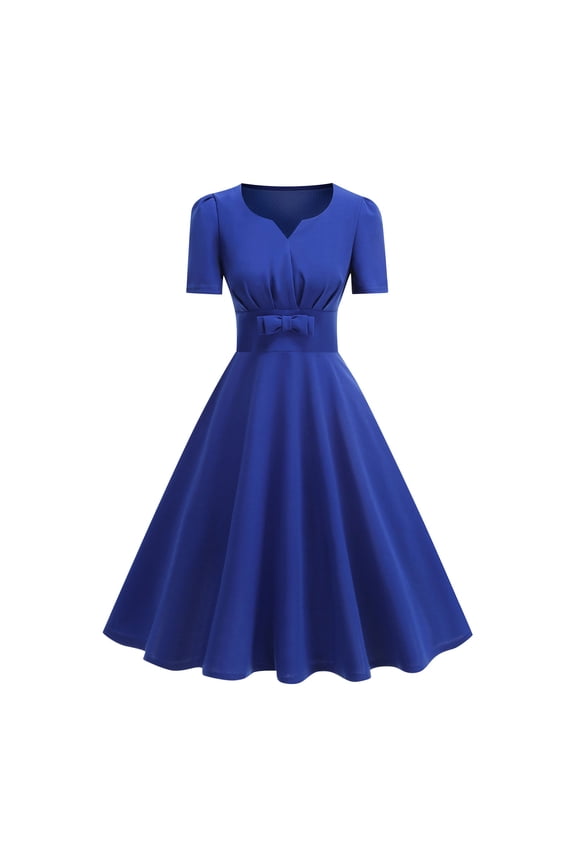 Womens Summer Dresses Vintage Wedding Guest Short Puff Sleeve V-Neck Cocktail Party Dress with Bow Blue 2XL