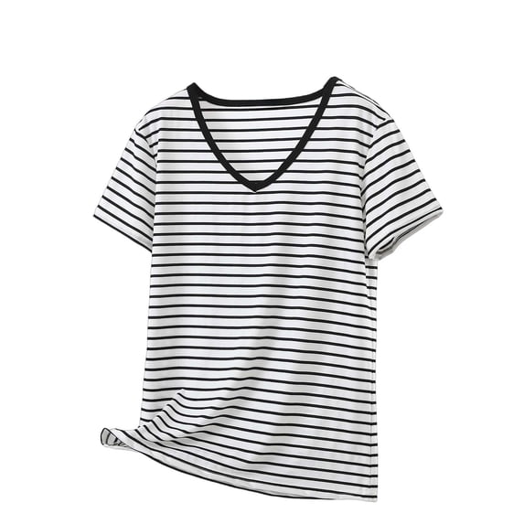 DeHolifer Womens Summer Tops V-Neck T-Shirts Plus Size Beach Vacation Striped Modal Casual Short Sleeve T-Shirts Black 5XL