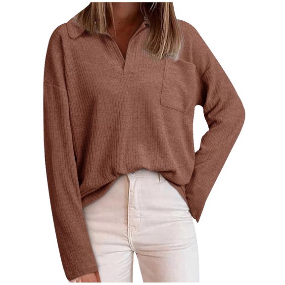 DeHolifer Womens Sweaters Long Sleeve V Neck Solid Color Lapel Knit Sweaters Loose Casual Fashion Pullover Tops Brown L