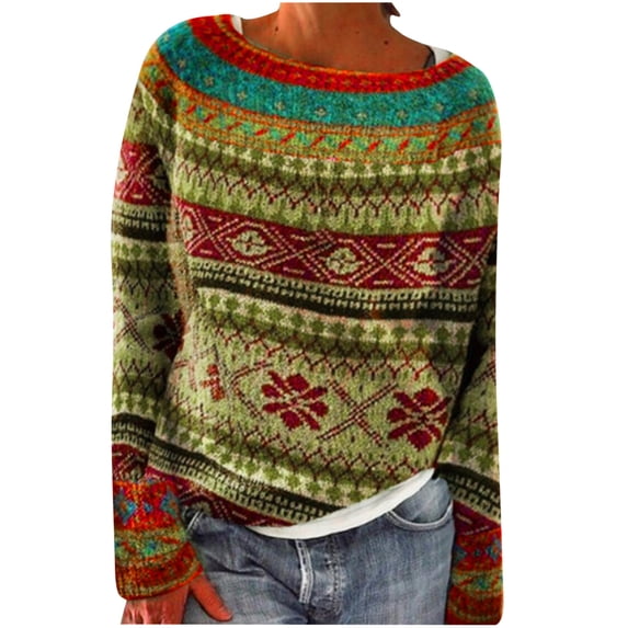 DeHolifer Womens Sweaters Pullover Plus Size Long Sleeve Crewneck Ethnic Style Printed Knit Sweaters Loose Casual Blouse Tops Yellow 5XL