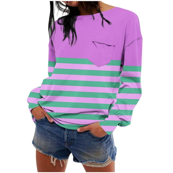 DeHolifer Womens Sweatshirt Strip Print Crewneck Long Sleeve Loose Pullover with Pocket Purple XL