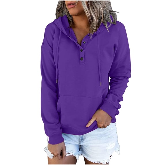 DeHolifer Womens Sweatshirts 2023 Casual Hoodies Button Collar Drawstring Hooded Sweatshirts Long Sleeve Fall Trendy Pullover Tops Pocketed Purple S