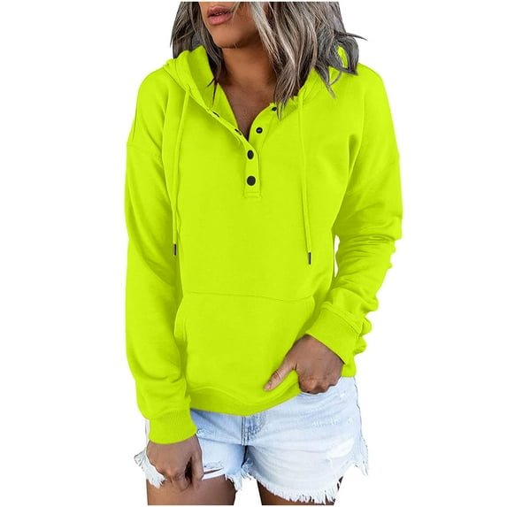 DeHolifer Womens Sweatshirts 2023 Casual Hoodies Button Collar Drawstring Hooded Sweatshirts Long Sleeve Fall Trendy Pullover Tops Pocketed Yellow M