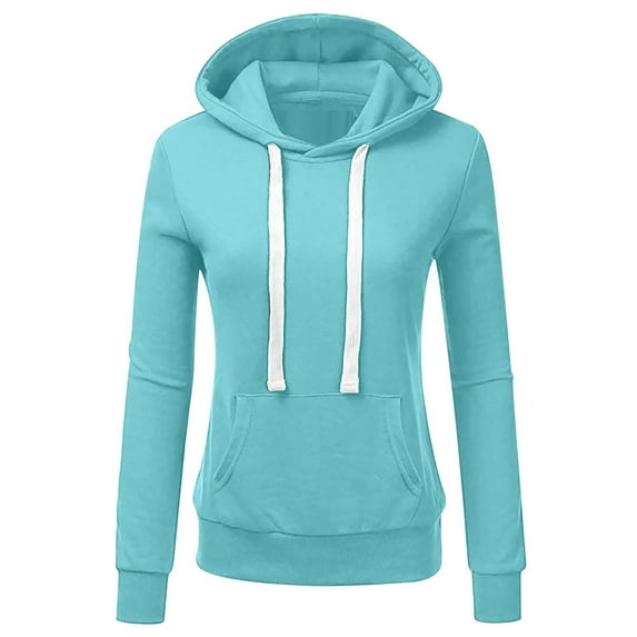 QQAMB Womens Sweatshirts Casual Solid Long SleeveHooded Drawstring Sweatshirt with Pockets Loose Casual Pullover Tops Light Blue L