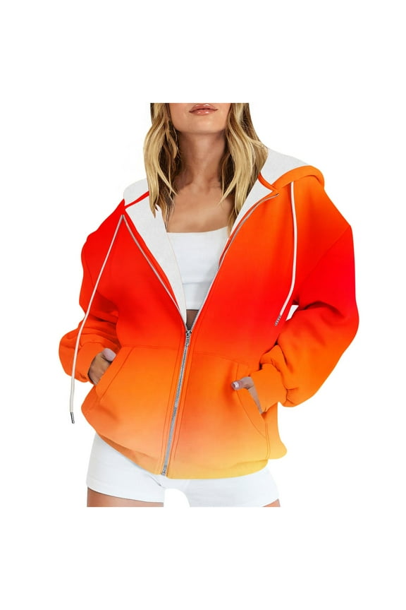 Womens Sweatshirts Oversized Zip Up Hoodies Fall Fashion Y2K Clothes Cute Casual Drawstring Jackets with Pockets Pullover Tops Orange 3XL