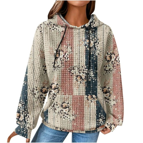 DeHolifer Womens Sweatshirts Plus Size Long Sleeve Waffle Floral Print Drawstring Hoodies Sweatshirts Loose Casual Fashion Pullover Tops Khaki 4XL
