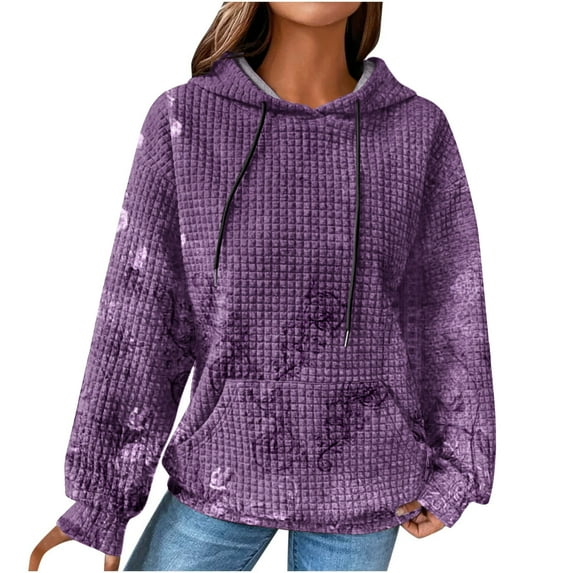 QQAMB Womens Sweatshirts Plus Size Long Sleeve Waffle Floral Print Drawstring Hoodies Sweatshirts Loose Casual Fashion Pullover Tops Purple 2XL