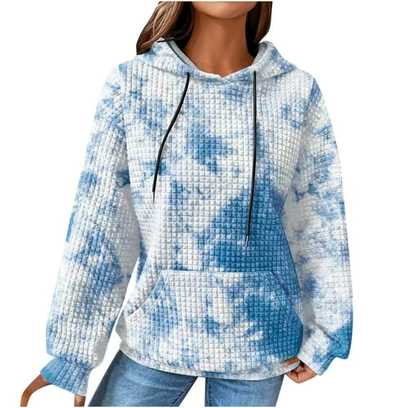 DeHolifer Womens Sweatshirts Plus Size Long Sleeve Waffle Floral Print Drawstring Hoodies Sweatshirts Loose Casual Fashion Pullover Tops Sky Blue 5XL