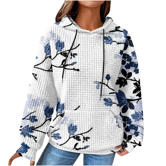 DeHolifer Womens Sweatshirts Plus Size Long Sleeve Waffle Floral Print Drawstring Hoodies Sweatshirts Loose Casual Fashion Pullover Tops White 4XL