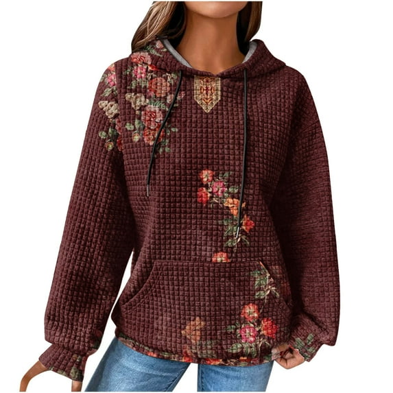 DeHolifer Womens Sweatshirts Plus Size Long Sleeve Waffle Floral Print Drawstring Hoodies Sweatshirts Loose Casual Fashion Pullover Tops Wine M