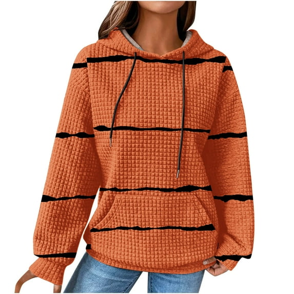 QQAMB Womens Sweatshirts Plus Size Long Sleeve Waffle Strip Print Drawstring Hoodies Sweatshirts Loose Casual Fashion Pullover Tops Orange 2XL