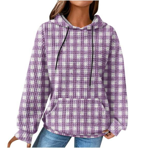 QQAMB Womens Sweatshirts Plus Size Long Sleeve Waffle Strip Print Drawstring Hoodies Sweatshirts Loose Casual Fashion Pullover Tops Purple XL