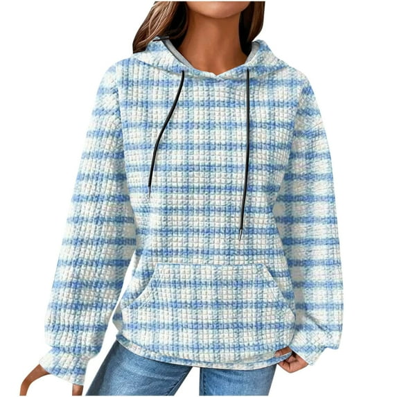 QQAMB Womens Sweatshirts Plus Size Long Sleeve Waffle Strip Print Drawstring Hoodies Sweatshirts Loose Casual Fashion Pullover Tops Sky Blue 2XL
