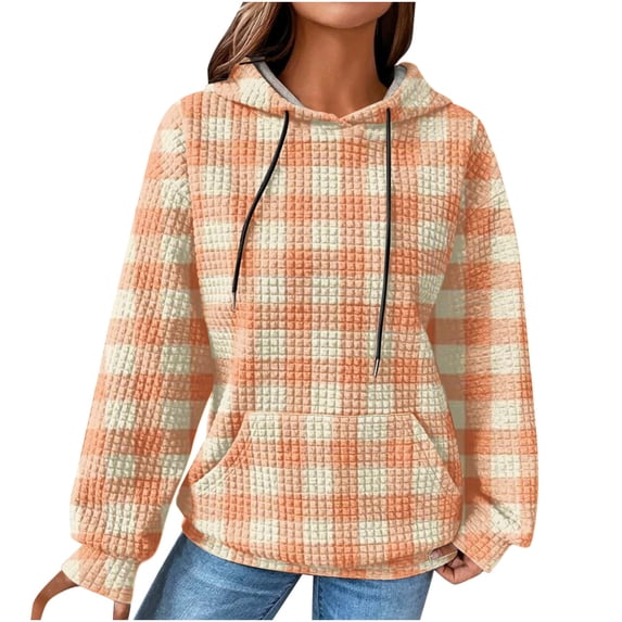 QQAMB Womens Sweatshirts Plus Size Long Sleeve Waffle Strip Print Drawstring Hoodies Sweatshirts Loose Casual Fashion Pullover Tops Yellow M
