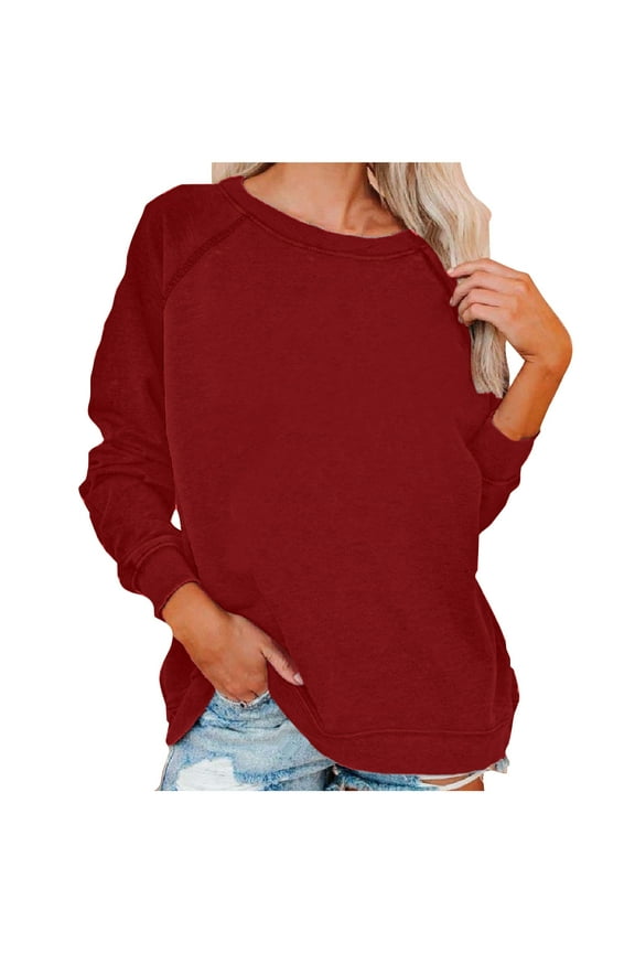 Womens Sweatshirts Solid Long Sleeve Crew Neck Casual Fall Clothes Plus Size Pullover Tops Wine S