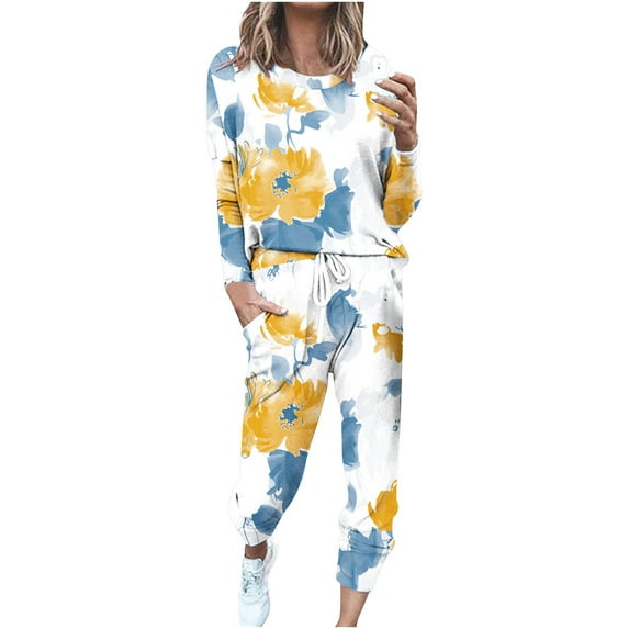 DeHolifer Womens Sweatsuits 2 Piece Set Crewneck Pullover Floral Print Tops And Pants Jogging Outfits Lounge Tracksuit Set White 2XL