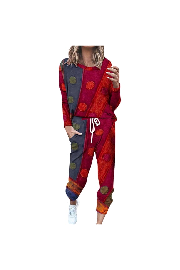 DeHolifer Womens Sweatsuits 2 Piece Set Crewneck Pullover Retro Print Tops And Pants Jogging Outfits Lounge Tracksuit Set Red S