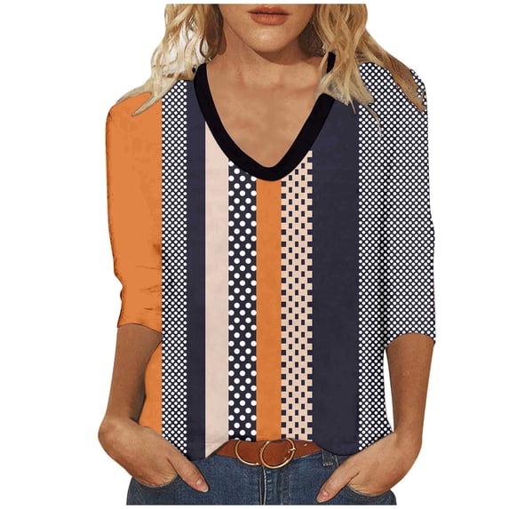 DeHolifer Womens T Shirt V-Neck 3/4 Sleeve Strip Print Loose Casual T Shirt Summer Fashion Blouse Tops Brown XL