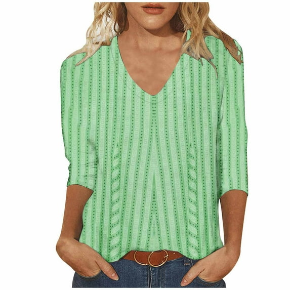 DeHolifer Womens T Shirt V-Neck 3/4 Sleeve Strip Print Loose Casual T Shirt Summer Fashion Blouse Tops Green XL