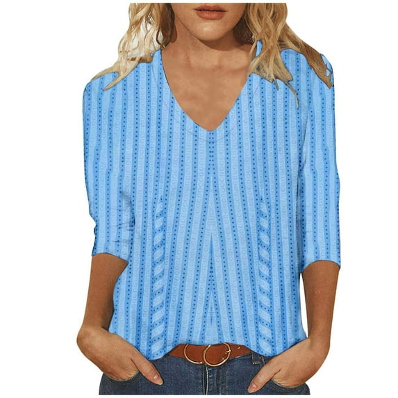 DeHolifer Womens T Shirt V-Neck 3/4 Sleeve Strip Print Loose Casual T Shirt Summer Fashion Blouse Tops Light Blue M