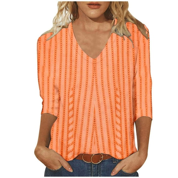 QQAMB Womens T Shirt V-Neck 3/4 Sleeve Strip Print Loose Casual T Shirt Summer Fashion Blouse Tops Orange 3XL