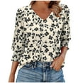 thumbnail image 1 of DeHolifer Womens T-Shirts 3/4 Sleeve V-Neck Floral Printed Smocked Cuffs Summer Trendy Lightweight Casual T-Shirts Khaki S, 1 of 4