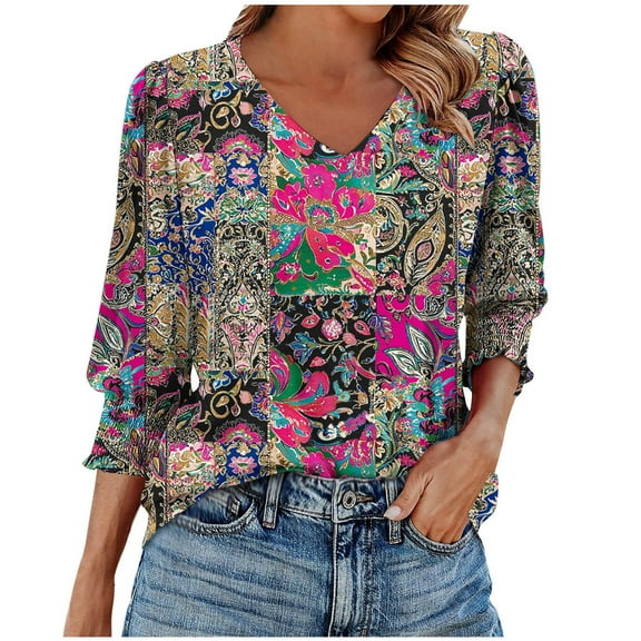 DeHolifer Womens T-Shirts 3/4 Sleeve V-Neck Floral Printed Smocked Cuffs Summer Trendy Lightweight Casual T-Shirts Red 2XL