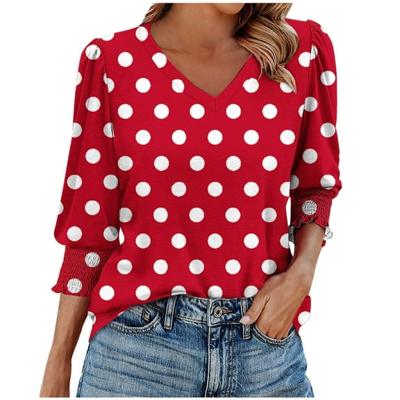 DeHolifer Womens T-Shirts 3/4 Sleeve V-Neck Novelty Printed Smocked Cuffs Summer Trendy Lightweight Casual T-Shirts Red 2XL