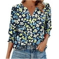 thumbnail image 1 of DeHolifer Womens T-Shirts Elegant Casual V-Neck Floral Printed 3/4 Length Sleeve Smocked Cuffs Dressy Blouse T-Shirts Blue L, 1 of 6