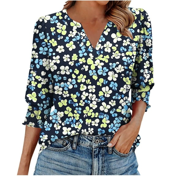 DeHolifer Womens T-Shirts Elegant Casual V-Neck Floral Printed 3/4 Length Sleeve Smocked Cuffs Dressy Blouse T-Shirts Blue L