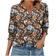 thumbnail image 1 of DeHolifer Womens T-Shirts Elegant Casual V-Neck Floral Printed 3/4 Length Sleeve Smocked Cuffs Dressy Blouse T-Shirts Brown L, 1 of 6