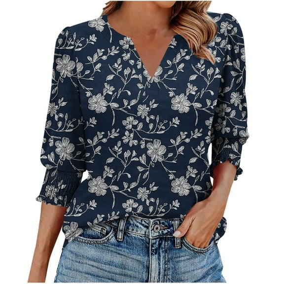 DeHolifer Womens T-Shirts Elegant Casual V-Neck Floral Printed 3/4 Length Sleeve Smocked Cuffs Dressy Blouse T-Shirts Navy 2XL
