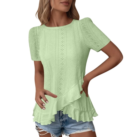 DeHolifer Womens T-Shirts Solid Color Short Sleeve Eyelet Tops Summer Casual Bouses Dressy with Ruffle Mint Green S