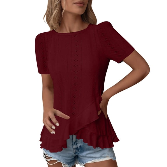 DeHolifer Womens T-Shirts Solid Color Short Sleeve Eyelet Tops Summer Casual Bouses Dressy with Ruffle Wine S