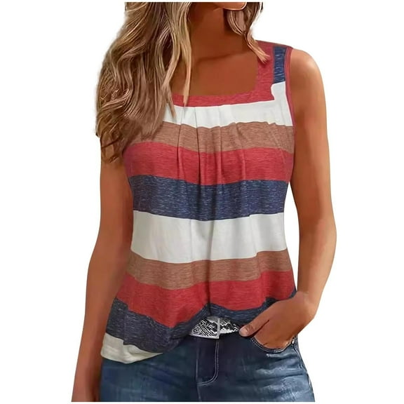 DeHolifer Womens T-Shirts Square Neck Color Block Sleeveless Summer Casual Loose Blouse T-Shirts Red 2XL