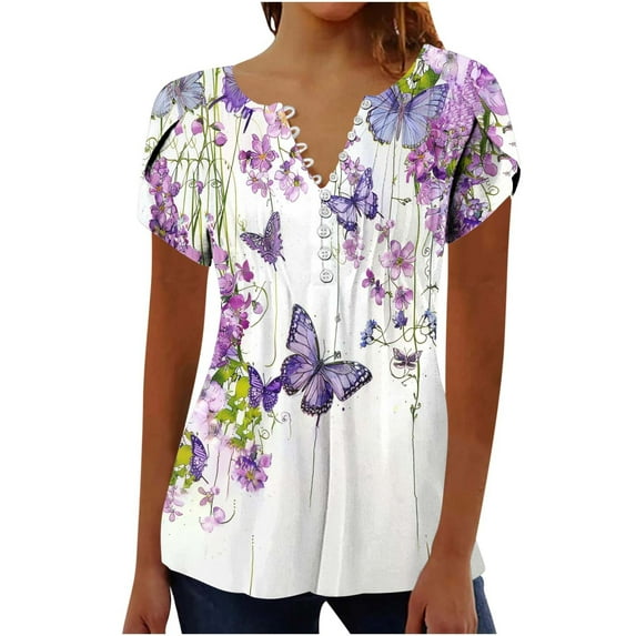 DeHolifer Womens T-Shirts V-Neck Button Floral Printed Dressy Casual Short Sleeve Summer Tops Pleated Ladies Tunic Blouses Multicolor S