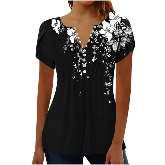 DeHolifer Womens T-Shirts V-Neck Button Floral Printed Dressy Casual Short Sleeve Summer Tops Pleated Ladies Tunic Blouses Multicolor XL