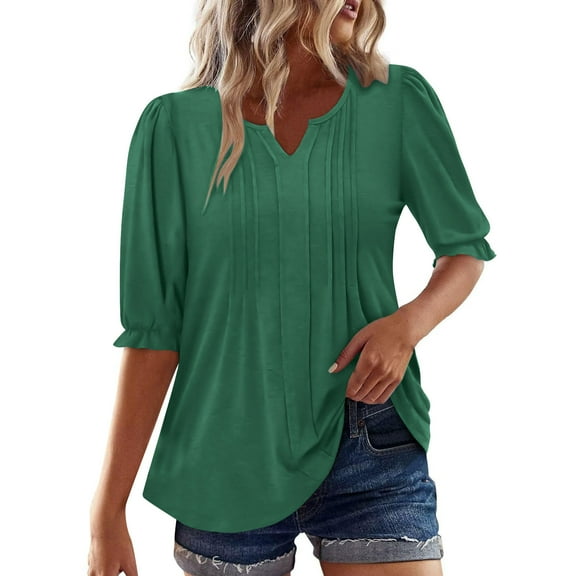 DeHolifer Womens T-Shirts V-Neck Button Half Sleeve Pleated Solid Color Summer Trendy Blouse T-Shirts Green 2XL