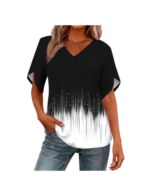 Womens T-Shirts V-Neck Casual Printed Short Sleeve Summer Casual Loose Tees Tops Black XL