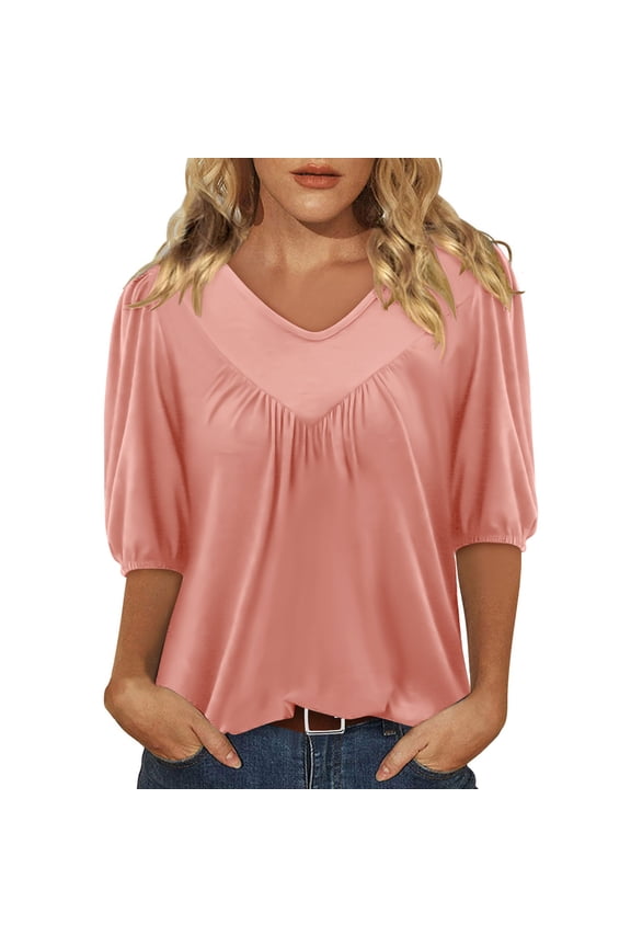 Womens T-Shirts V-Neck Half Sleeve Pleated Solid Color Loose Summer Trendy Blouse T-Shirts Pink 2XL