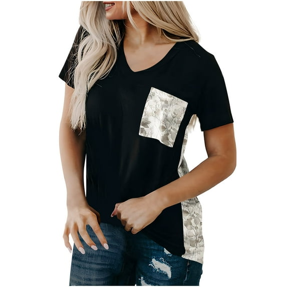DeHolifer Womens T-Shirts V-Neck Short Sleeve Floral Printed Pachwork Pocket Blouse T-Shirts Summer Comfy Shirts Tops Multicolor L
