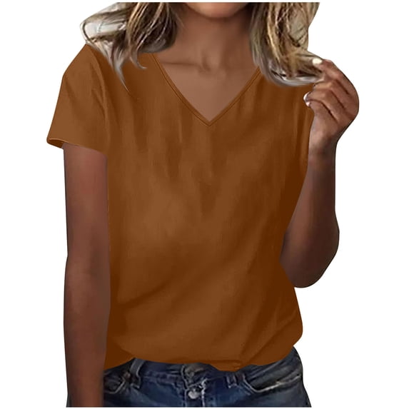 DeHolifer Womens T-Shirts V-Neck Solid Color Lightweight Casual Summer Short Sleeve Tee Tops Khaki S