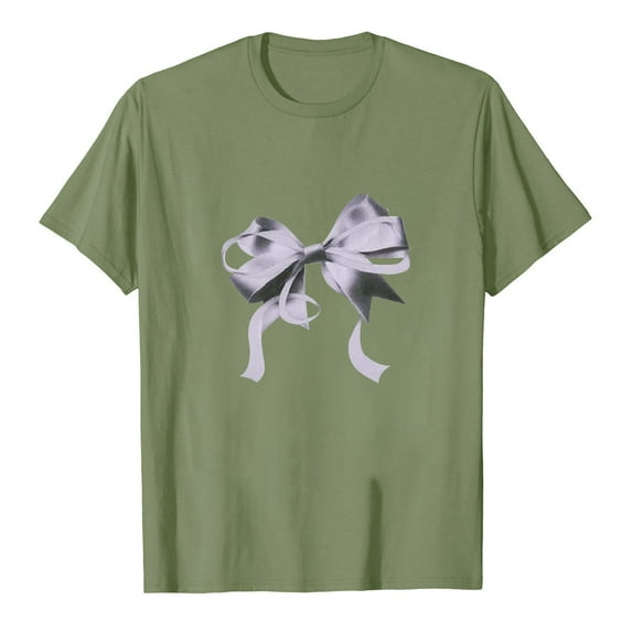DeHolifer Womens T-shirts Bowknot Graphic Pritned Short Sleeve Crewneck T-shirts Loose Casual Fashion Blouse Tops Green L