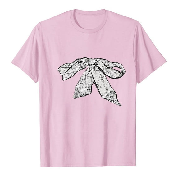 DeHolifer Womens T-shirts Bowknot Graphic Pritned Short Sleeve Crewneck T-shirts Loose Casual Fashion Blouse Tops Pink M