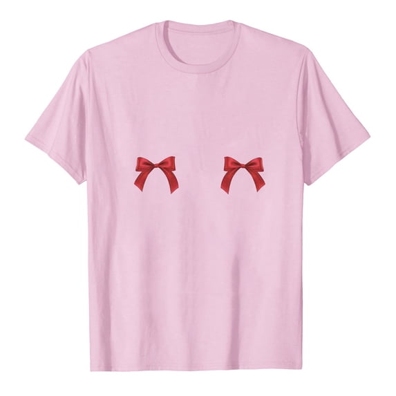 DeHolifer Womens T-shirts Bowknot Graphic Pritned Short Sleeve Crewneck T-shirts Loose Casual Fashion Blouse Tops Pink S
